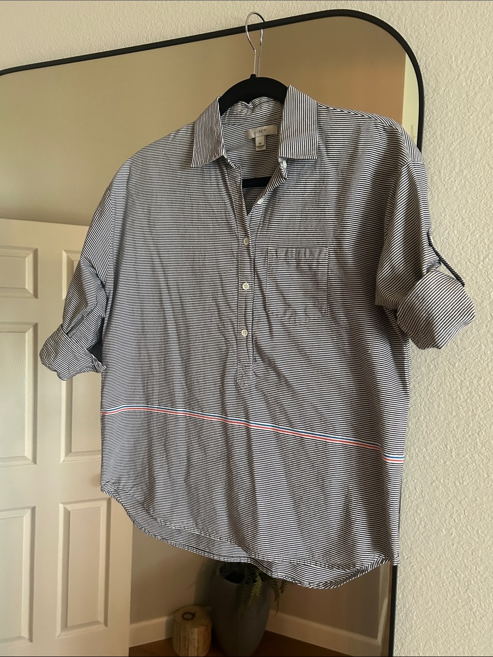 J. Crew Navy & White Striped Button-Down with Orange/Royal Blue Accent Stripes